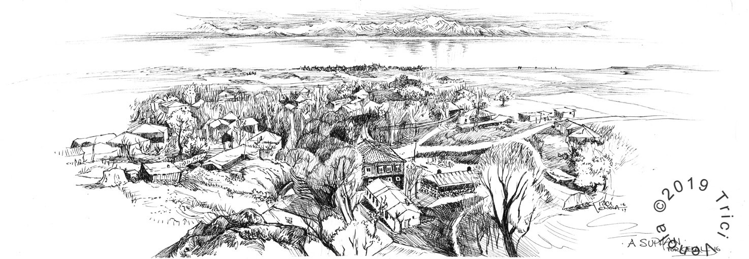 Plein air drawing of a village near A Suphan