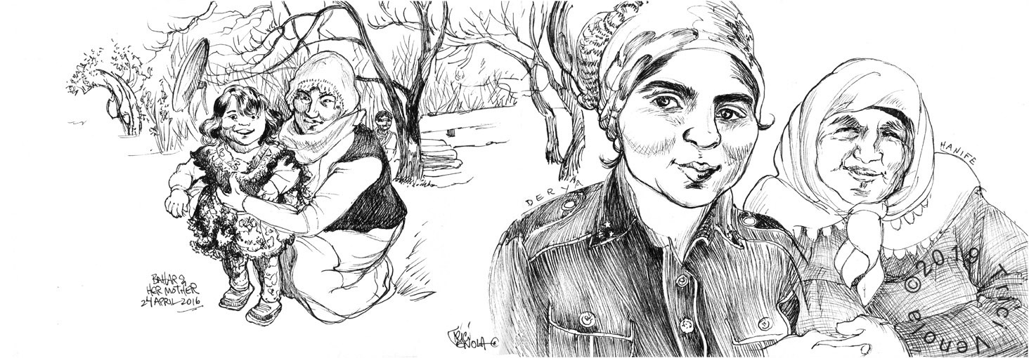 Plein air drawing of traditional Turkish women with girl