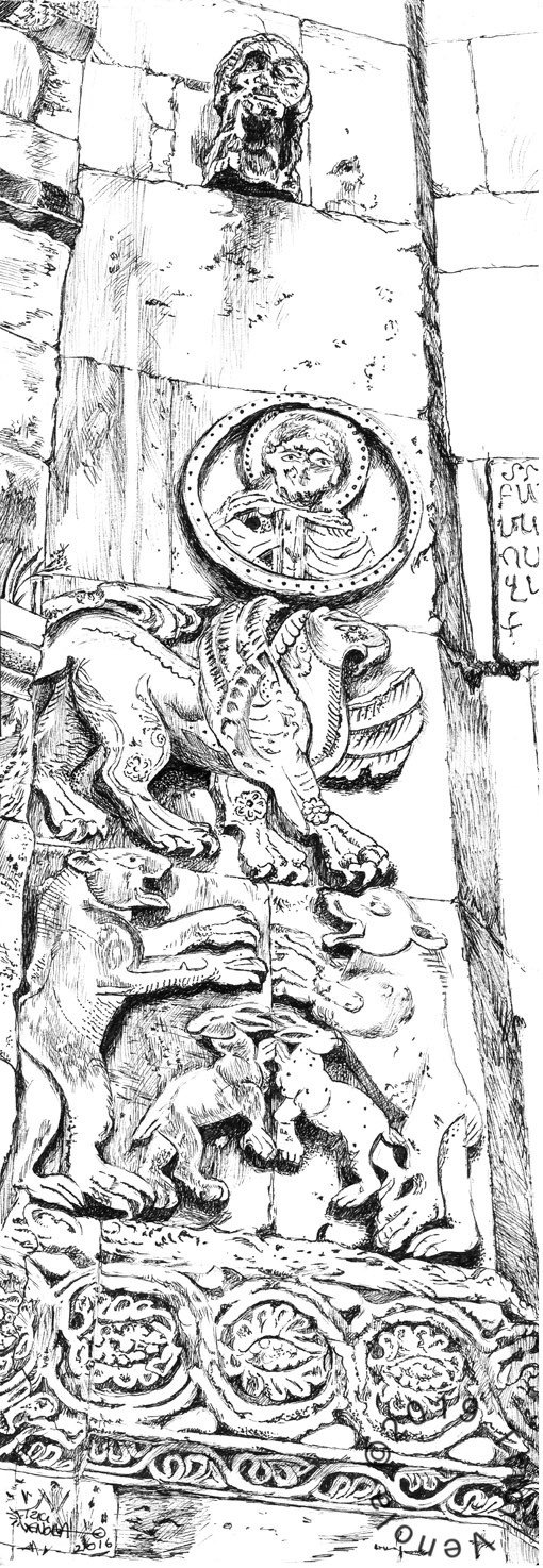 Plein air drawing of ancient carving of bunnies griffins and bears at Aghtamar