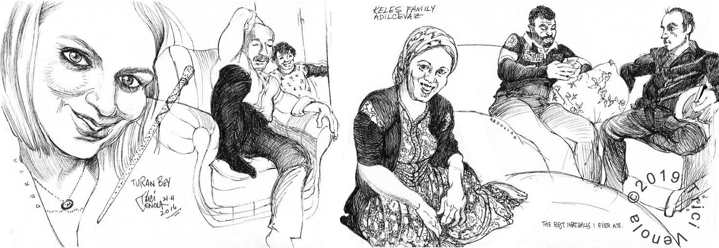 Plein air drawing of traditional Turkish family
