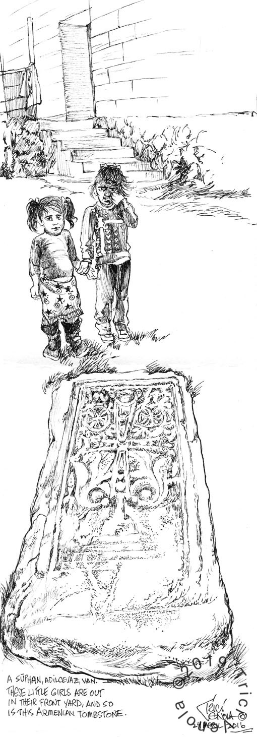 Plein air drawing of old Armenian tombstone with little girls