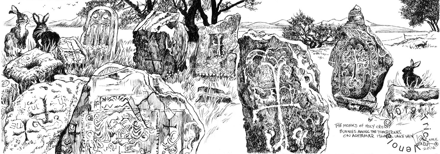 Plein air drawing of tombstones in Aghtamar