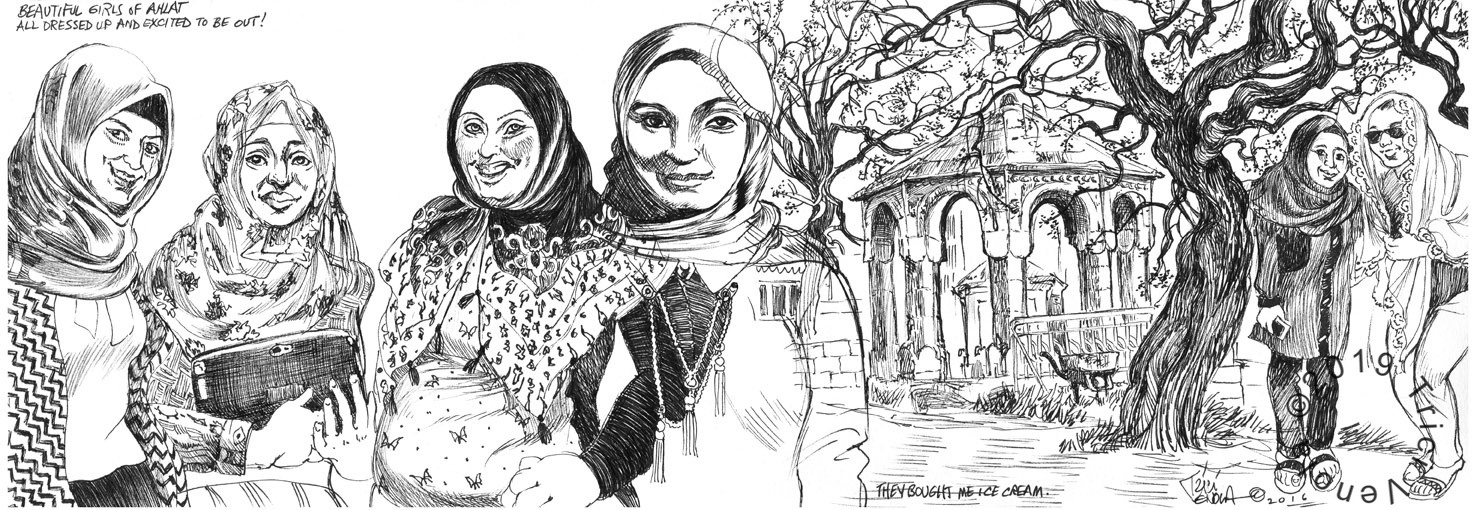 Plein air drawing of traditional Turkish women