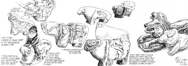 Plein air drawing of stone sheep in Archeological museum in Van