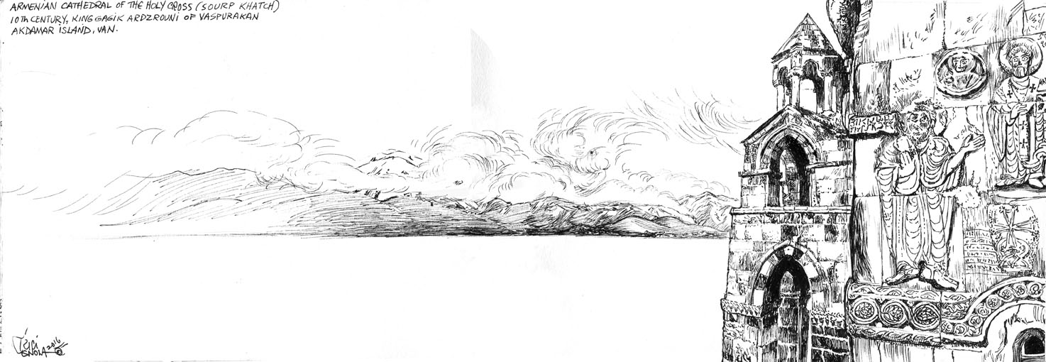 Plein air drawing of Holy Cross Church at Aktamar